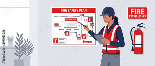 Fire Safety Plan Explained by Worker with Extinguisher and Evacuation Map
