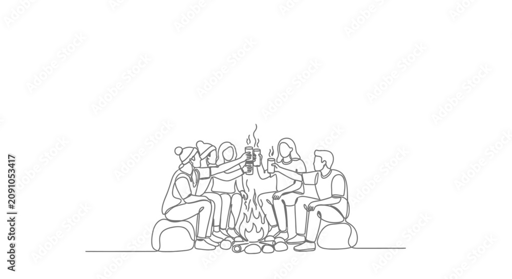 Obraz premium Continuous line drawing of a group of friends sitting around a campfire.