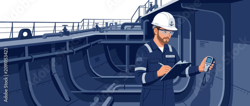 Maritime worker in uniform inspecting ship hull with clipboard and meter