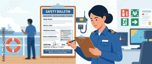 Maritime Safety Bulletin: Officer Reviews Checklist on Ship Deck with Crew, Lifebuoy, and Navigation Systems