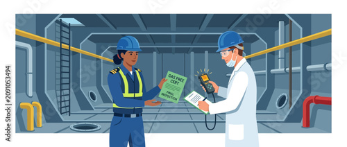 Industrial Inspection: Safety Officer Reviews Checklist with Technician in Shipyard