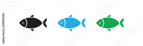 A set of three simple fish icons in black, blue, and green, showcasing a clean, modern, and isolated illustration perfect for aquatic themes and design elements on a transparent background