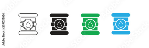 A set of four icons depicting a barrel with a water drop symbol in the center, available in outline, black, green, and blue variations, isolated on transparent backgrounds.