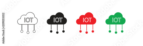 Set of internet of things cloud icons with IOT text in outline black red and green variants isolated on white background for technology concepts