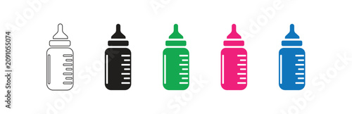 Set of baby feeding bottles in various solid colors and outline style, showcasing essential baby care and infant nutrition symbols, perfect for design projects.