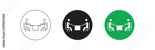 Business meeting icon set with two people sitting at a table, a conversation symbol, isolated on white backgrounds, black and green versions for professional communication concepts.