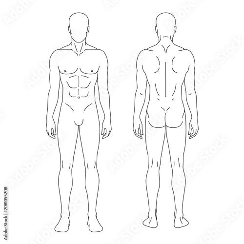 Minimal male body anatomy outline template with front and back views and faceless design. Clean vector illustration for medical education, healthcare, fitness, anatomy references and body measurement 
