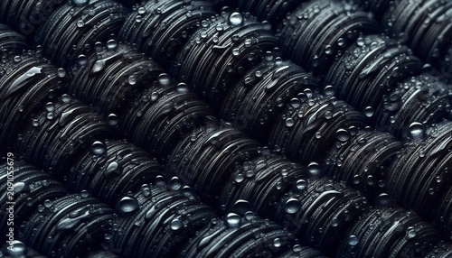 Abstract macro view of dark woven fabric texture with raindrops