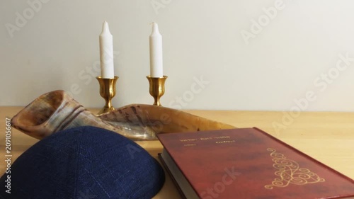 Jewish rosh hashanah objects with shofar and torah