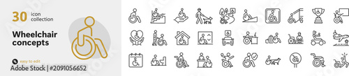 Set of 30 wheelchair icons for accessibility and disability concepts with wheelchair