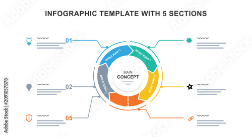 Konstfotografi Circular pie chart infographic template with five colorful arrows pointing outwa