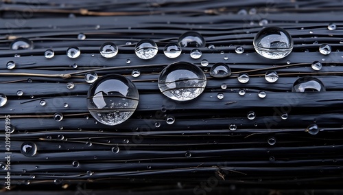 Clear water droplets resting on dark textured woven bamboo fibers
