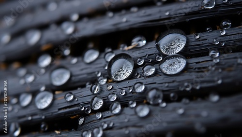 Clear raindrops resting on dark textured woven bamboo surface