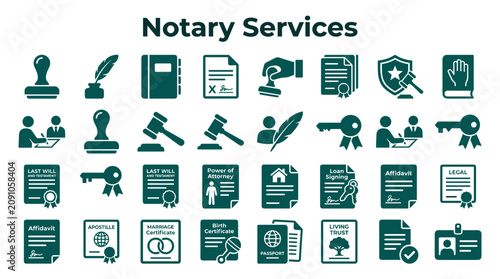 Photography Notary Services Icons and Symbols Collection Representing Legal Documents Offici