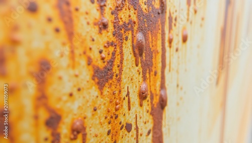 Macro view of corroded metal texture with weathered rust streaks