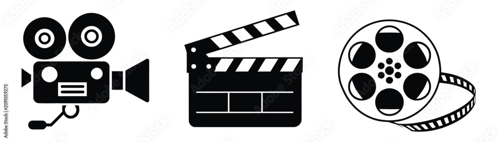 Fototapeta premium Cinema icon set, film camera, clapperboard, movie reel, projector, popcorn bucket, cinema ticket, entertainment graphics, clean editable vector design, isolated on transparent background.