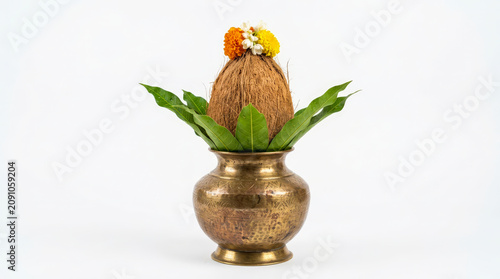 Pooja Kalasam, kalasha, Hindu kalasam, sacred kalasha, puja kalash, brass kalasam, copper kalasha, silver kalasha, Vedic rituals, spiritual symbolism, pooja accessories, coconut on kalash, sacred pot.