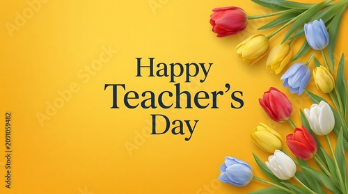 Happy Teacher's Day Yellow Floral Banner with Colorful Tulips and Elegant Spring Background