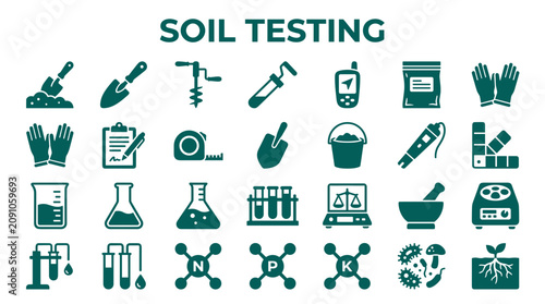 Soil testing equipment and icons for agricultural analysis, earth science, and environmental research, showcasing tools for soil sampling and nutrient measurement.