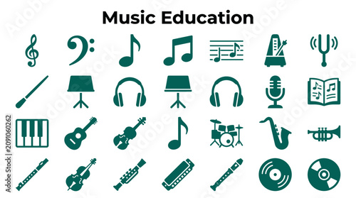 Foto Diverse collection of musical instruments and symbols representing music educati