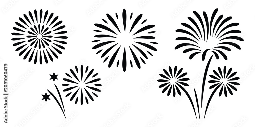 Obraz premium Firework icon set, black festive explosion symbols, celebration burst graphics, fireworks display elements, holiday decoration design, editable vector illustration