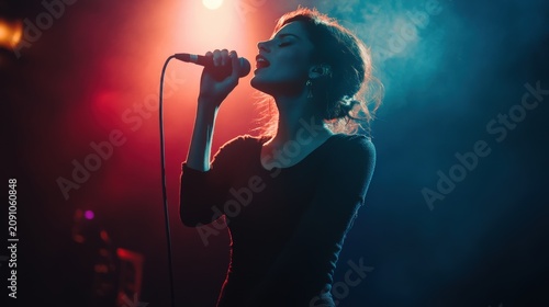 Woman passionately sings into a microphone on a dimly lit stage.