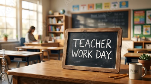 Teacher Workday Classroom Interior with Blackboard, Desk, Coffee Cup and Modern School Education Workspace