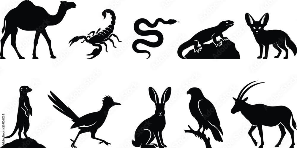 Obraz premium Desert wildlife silhouette collection featuring camel, scorpion, snake, fox, and other arid region animals