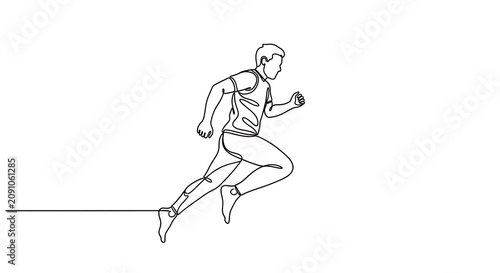 Continuous line drawing of a man running in a dynamic sprinting pose on white background
