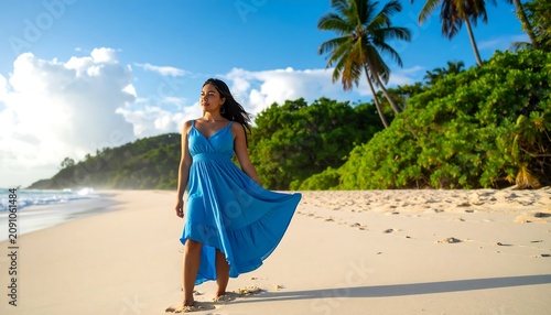 Woman in blue dress walks on sunny tropical beach