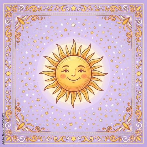 A smiling cartoon sun with rosy cheeks and closed eyes on a starry purple background surrounded by an ornate gold border