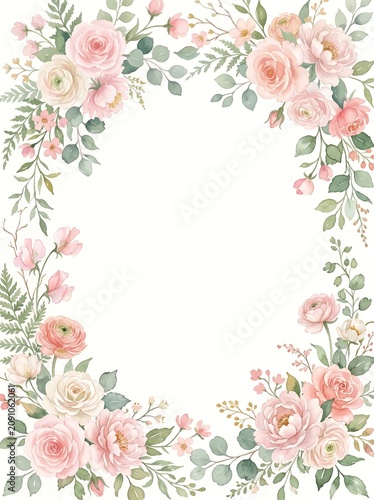 Elegant floral wreath frame with pink roses and green leaves on white background