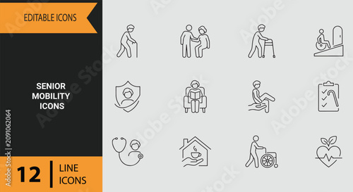 Quadro su tela Senior Mobility Outline Icons for Elderly Care Assistance and Independent Aging
