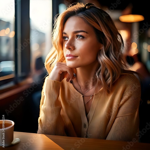 Woman in cafe by window, golden light