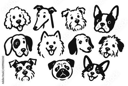 Dog Breed Faces Doodle Set Vector Illustration