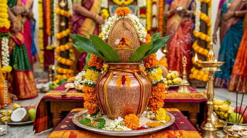 Pooja Kalasam, kalasha, Hindu kalasam, sacred kalasha, puja kalash, brass kalasam, copper kalasha, silver kalasha, Vedic rituals, spiritual symbolism, pooja accessories, coconut on kalash, sacred pot.