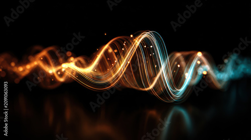 Colorful sound waves represent audio frequencies traveling through space during a music festival at night with digital effects