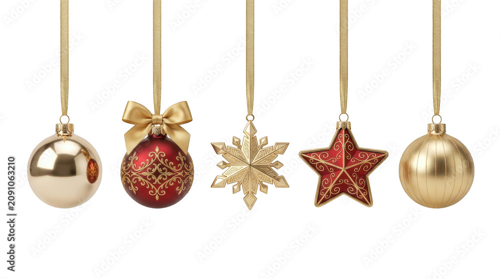 Fototapeta premium Five hanging christmas tree ornaments with gold and red colors isolated on transparent background