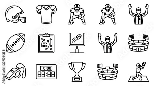 Corporate American Football Themed Icons Set Black and White Illustrations of Players Gear and Stadium Elements