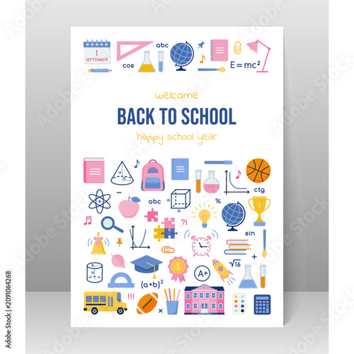 Back to school background. Greeting card with school stationery, books, backpack, globe, bus. Vertical poster with icons. Education banner with print in flat design. Vector illustration.