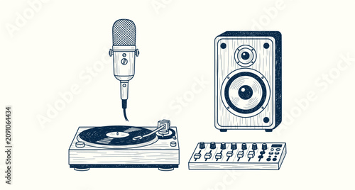 Cuadro en lienzo Vintage Music Equipment Hand Drawn Illustration with Vinyl Turntable Microphone