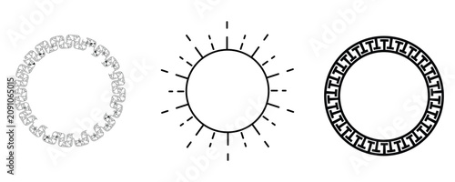 Schilderij op canvas Circular ornament frame vector collection featuring decorative geometric borders, sunburst lines, and classic Greek key meander pattern