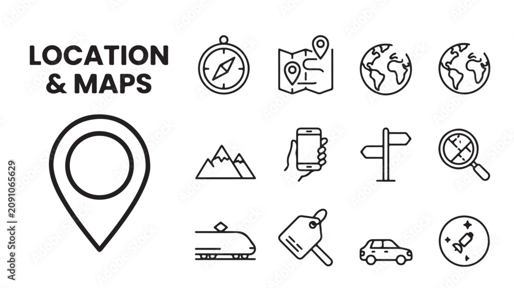 Fototapeta premium Location and maps icon set, minimalist travel navigation line icons, 12 black outline vector symbols for GPS tracking and tourism apps