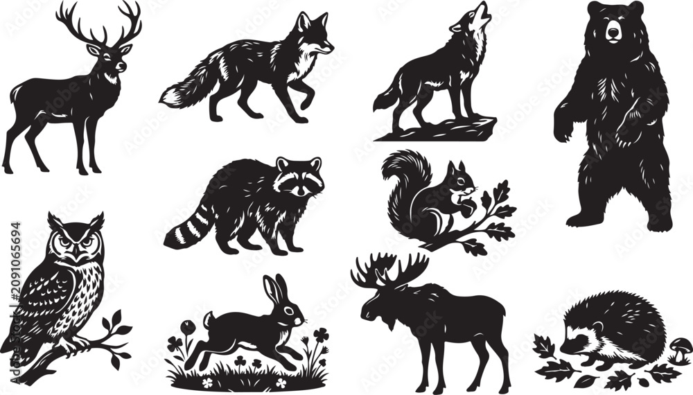 Obraz premium Black and white silhouette collection of north american forest animals including a deer, fox, howling wolf, standing bear, raccoon, squirrel, owl, rabbit, moose, and a small hedgehog on leaves