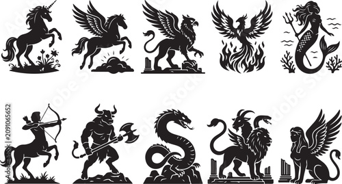 Obraz na płótnie A collection of ten black silhouette featuring mythical creatures including a un