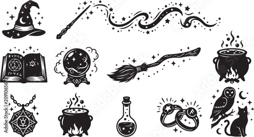 Fotografie Black and white magic set featuring a wizard hat, magic wand with sparkles, spel