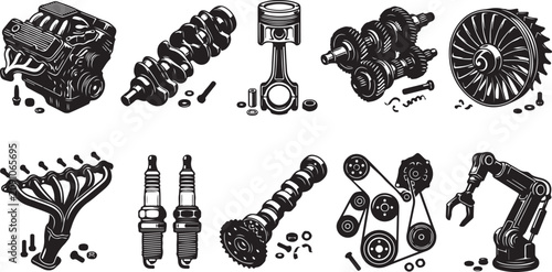Foto Collection of black and white automotive engine parts, including a v8 engine blo