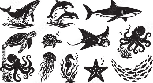 Canvas Print Set of black and white marine animal silhouettes featuring a whale, dolphins, sh
