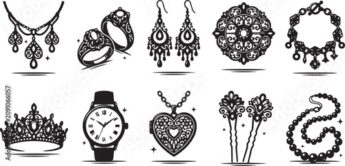 Canvastavla Set of ten black and white jewelry featuring a necklace, rings, earrings, brooch