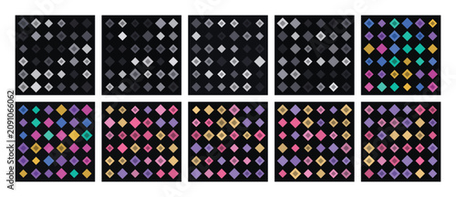 Colorful dot patterns, geometric shapes, black backgrounds, vibrant dots, vector icons